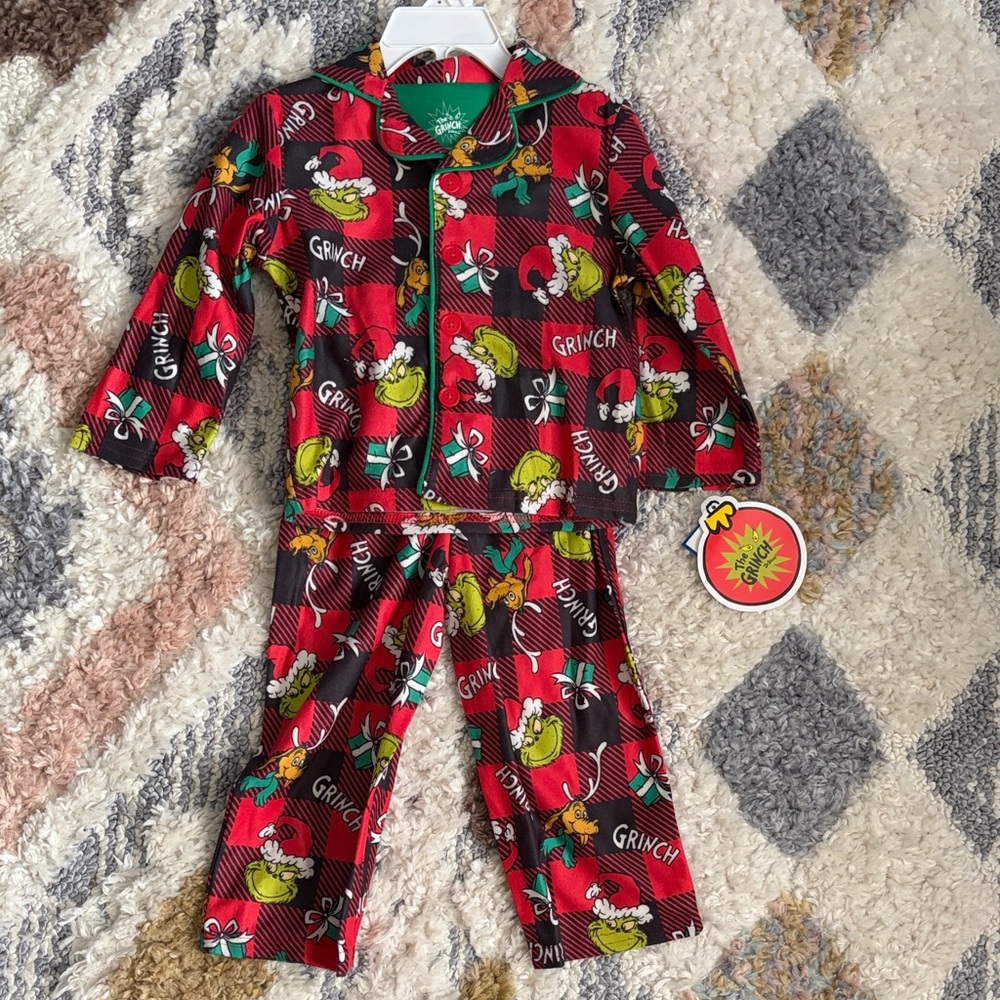Grinch Kids Pajama Set - Red and Black Plaid